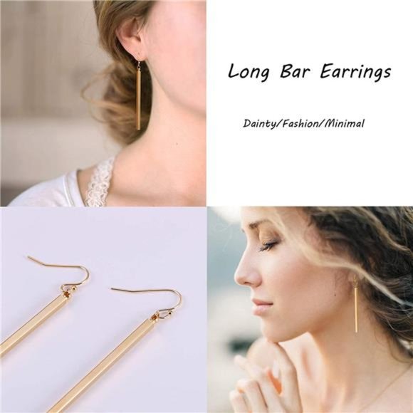 Gold Vertical Bar Dangle Earrings - Geometric Minimalist Jewelry - Picture 4 of 6